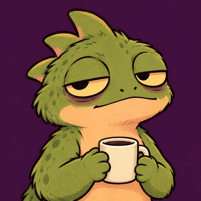 Snoozelisk, a sleepy moss-green basilisk holding a coffee cup, with half-closed eyes and a peach belly.