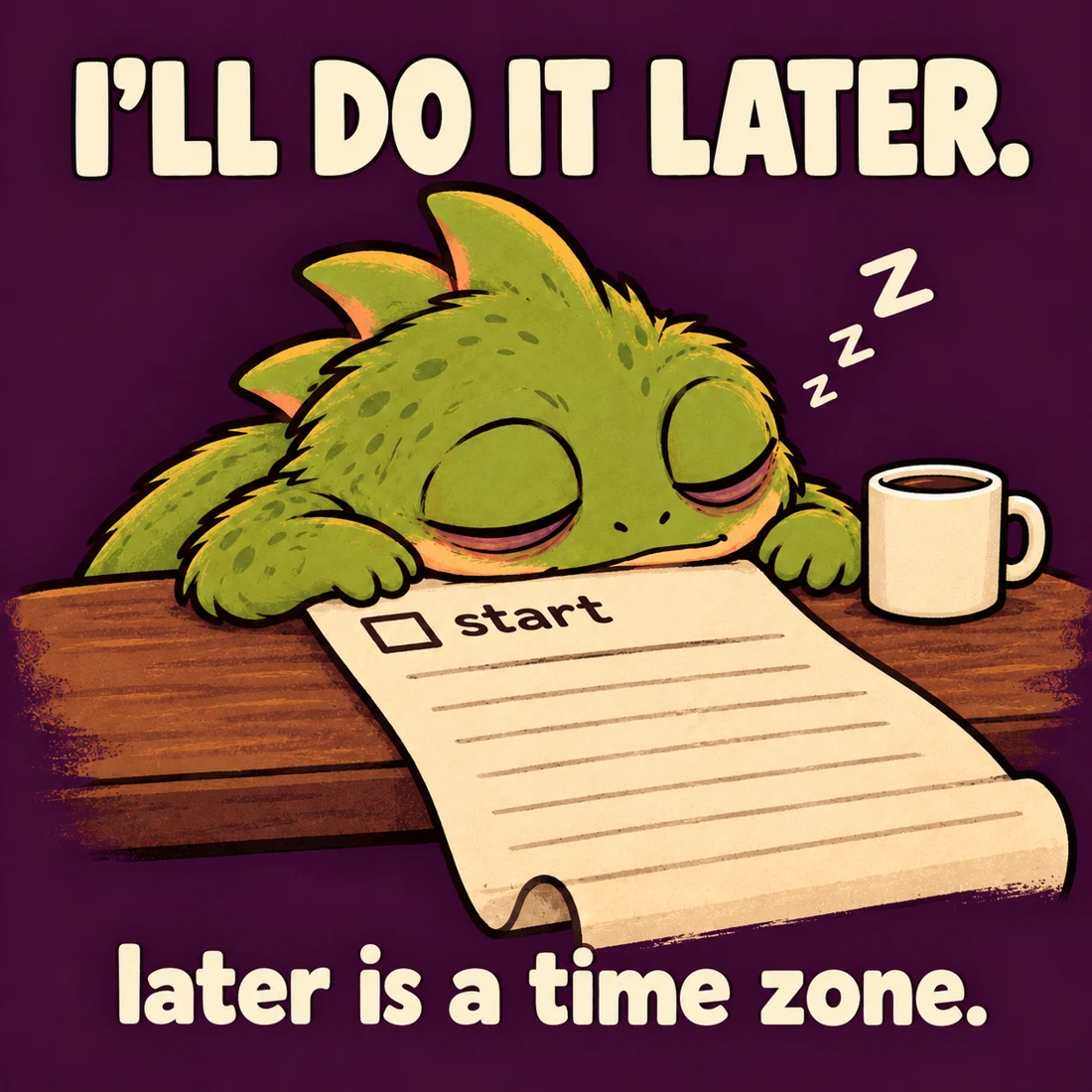 Original Snoozelisk meme: I'll do it later. Later is a time zone.